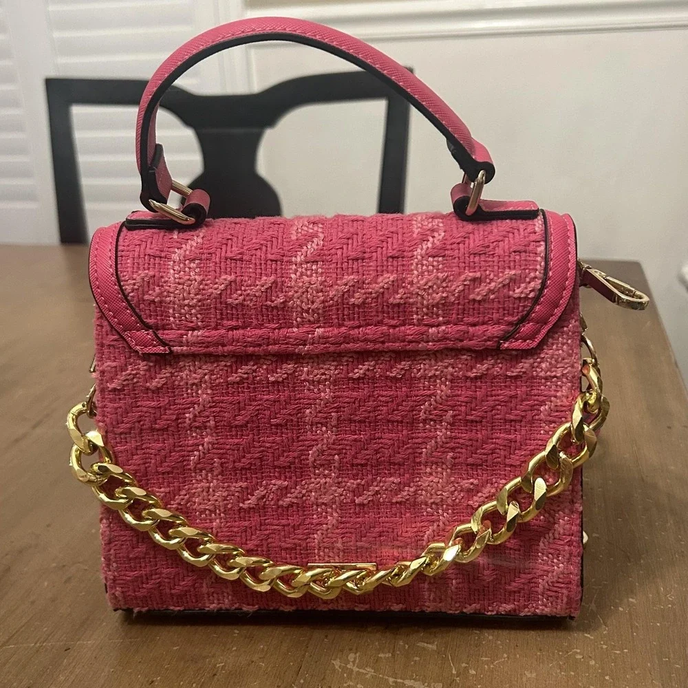 Aldo Satchel Bag Womens Small Pink Tweed Houndstooth Lion Head Chain Purse